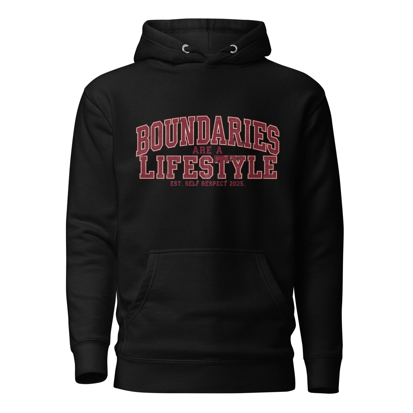 Black unisex premium hoodie front view with “Boundaries Are a Lifestyle” text design