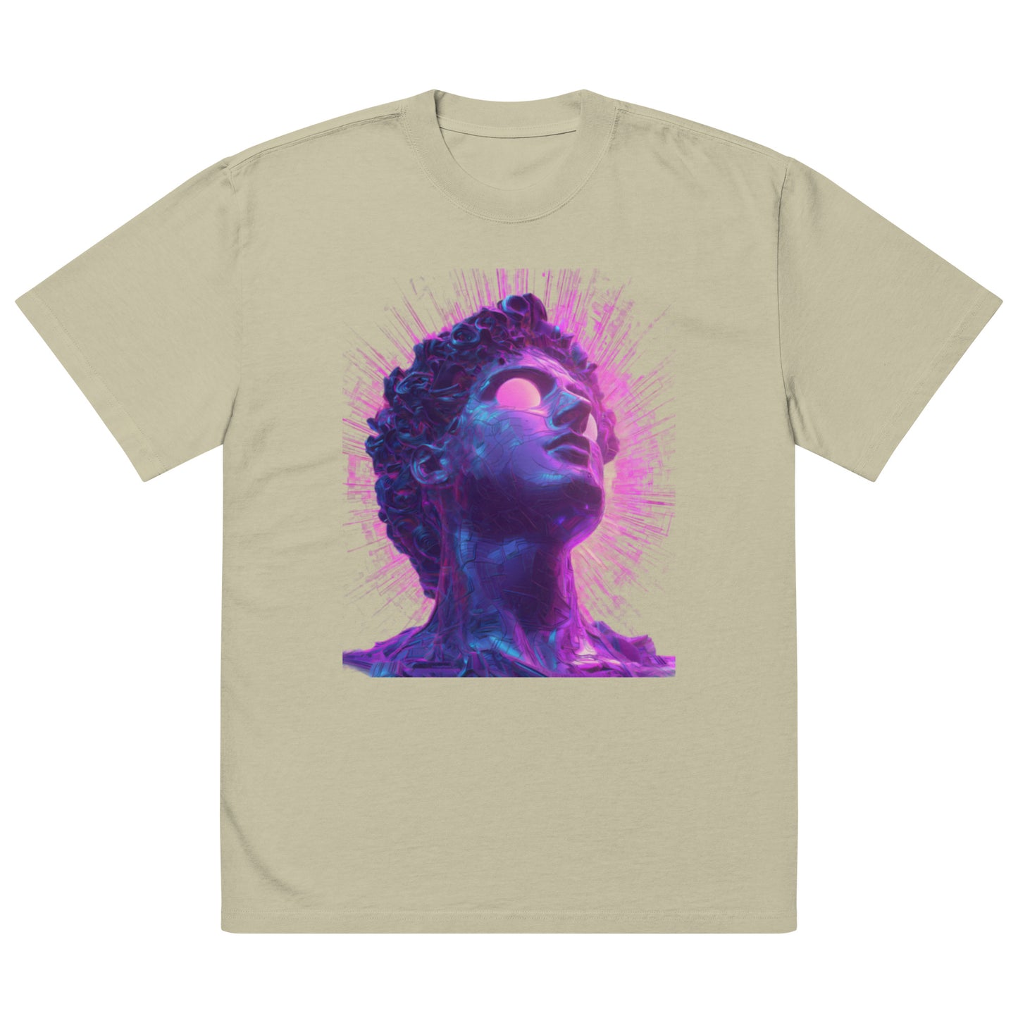 Eucalyptus unisex graphic streetwear t-shirt featuring futuristic neon portrait artwork, front view.