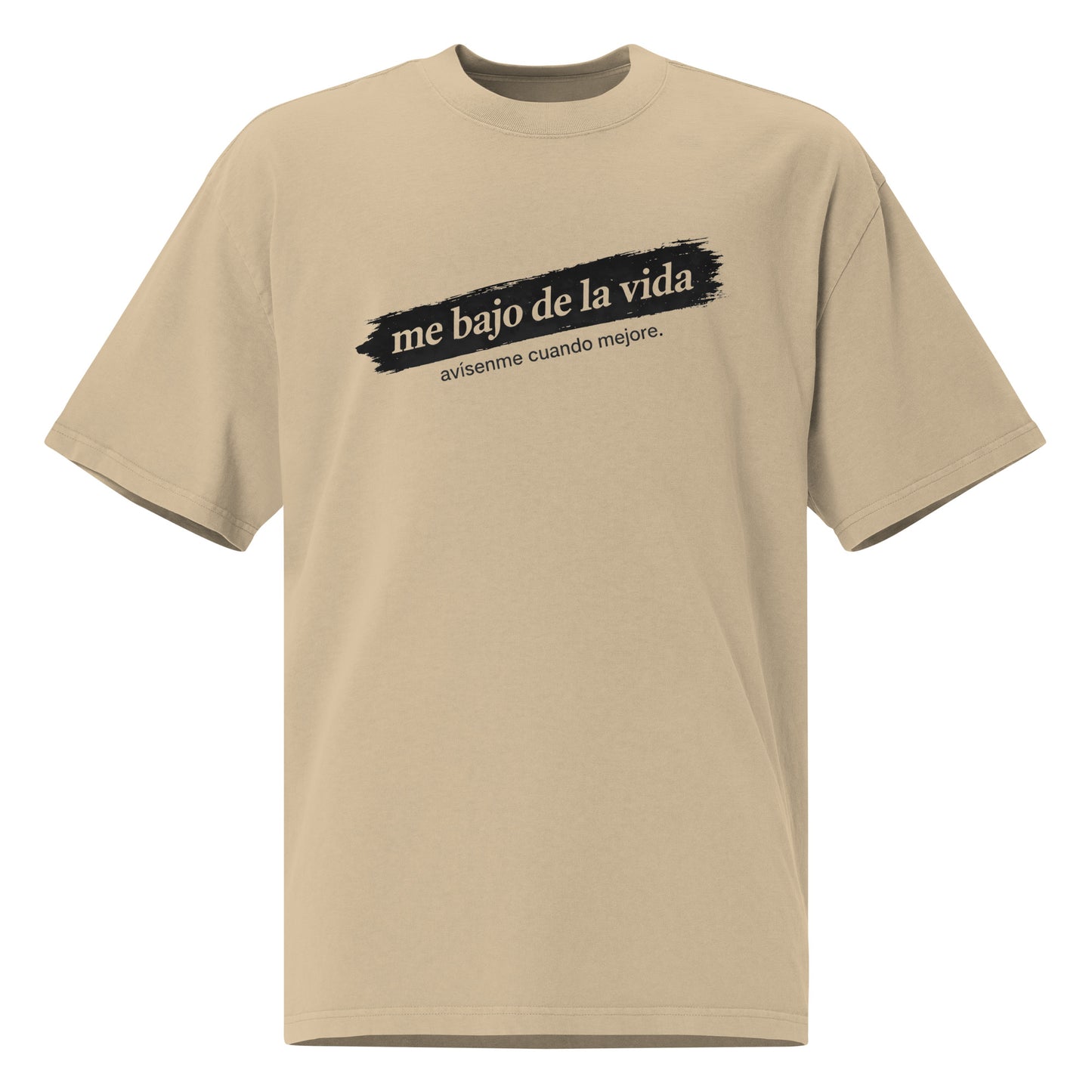 Khaki unisex t-shirt front view with minimalist typographic design, clean streetwear style