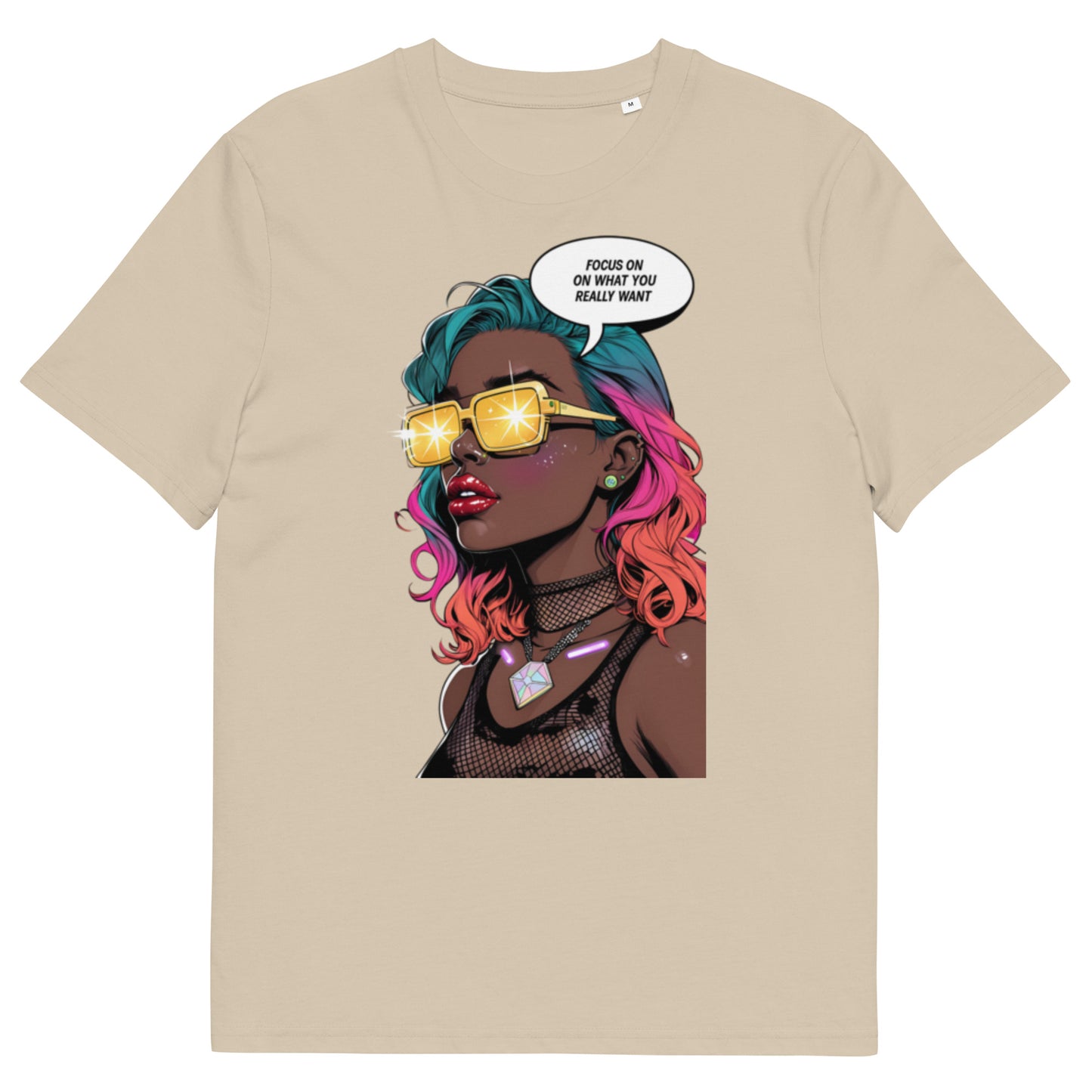 Beige unisex graphic t-shirt with colorful comic-style portrait design