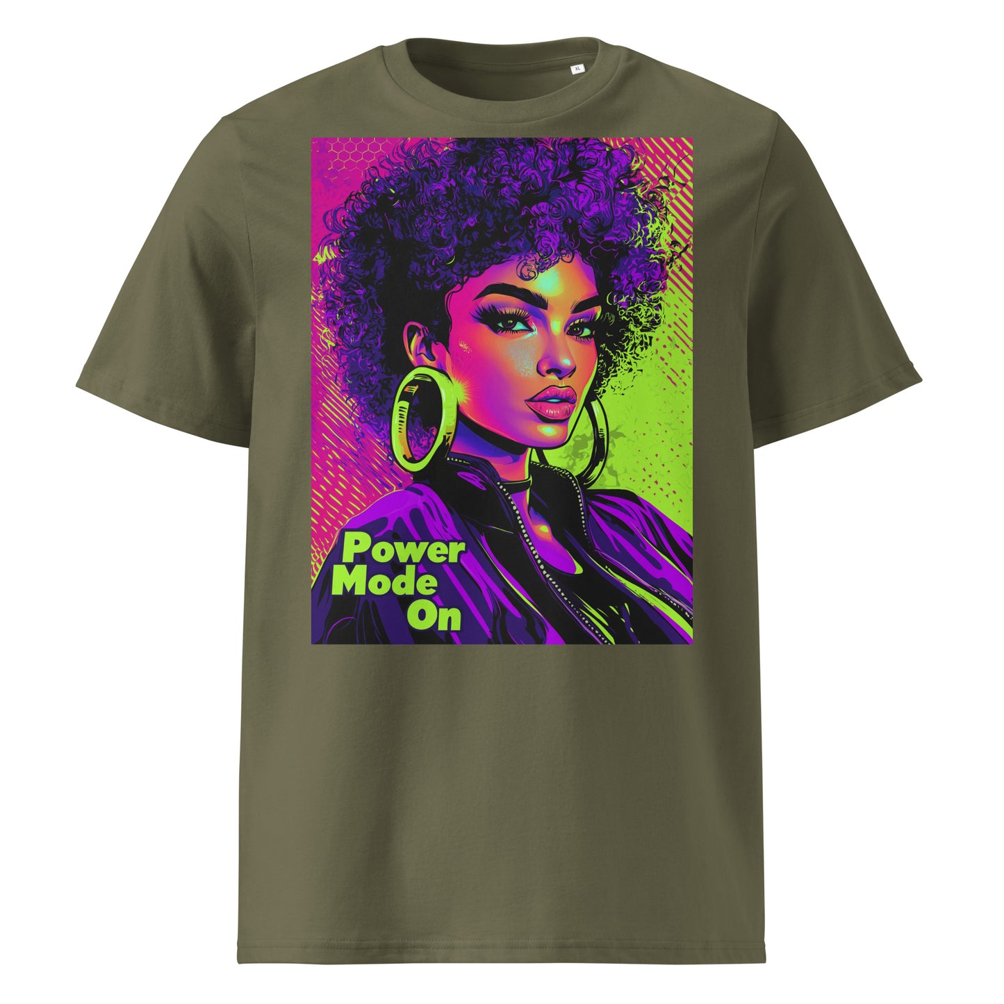 Khaki unisex t-shirt front view with bold illustrated female portrait and “Power Mode On” graphic, modern streetwear tee