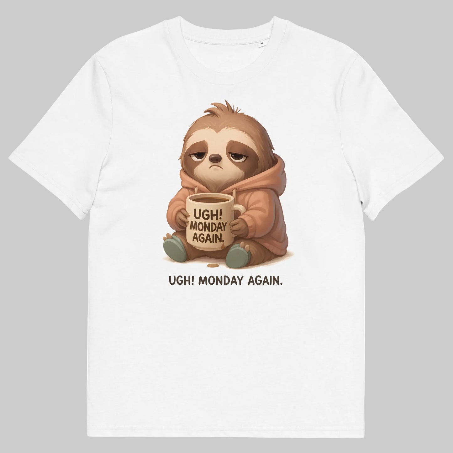White unisex graphic t-shirt with sleepy sloth and coffee illustration design