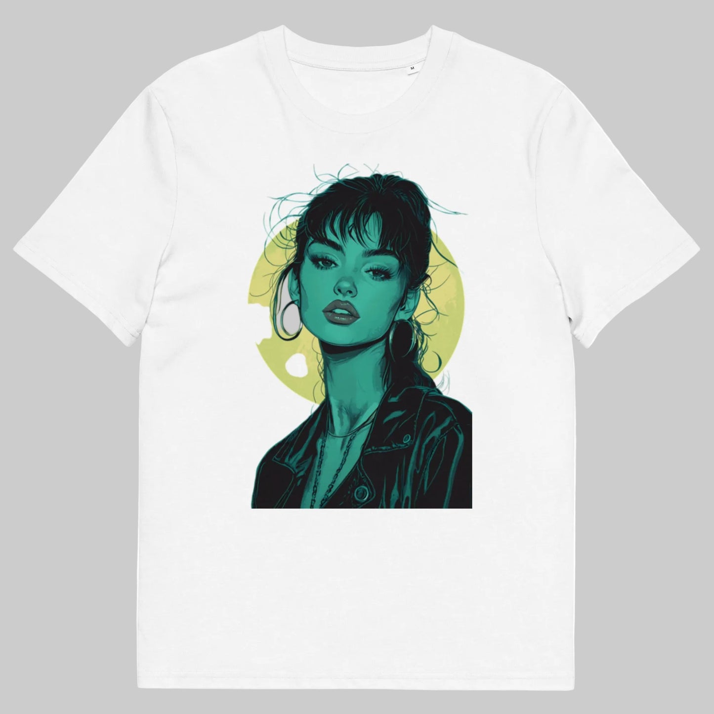 White organic cotton t-shirt with illustrated female front view portrait in teal tones and a circular yellow