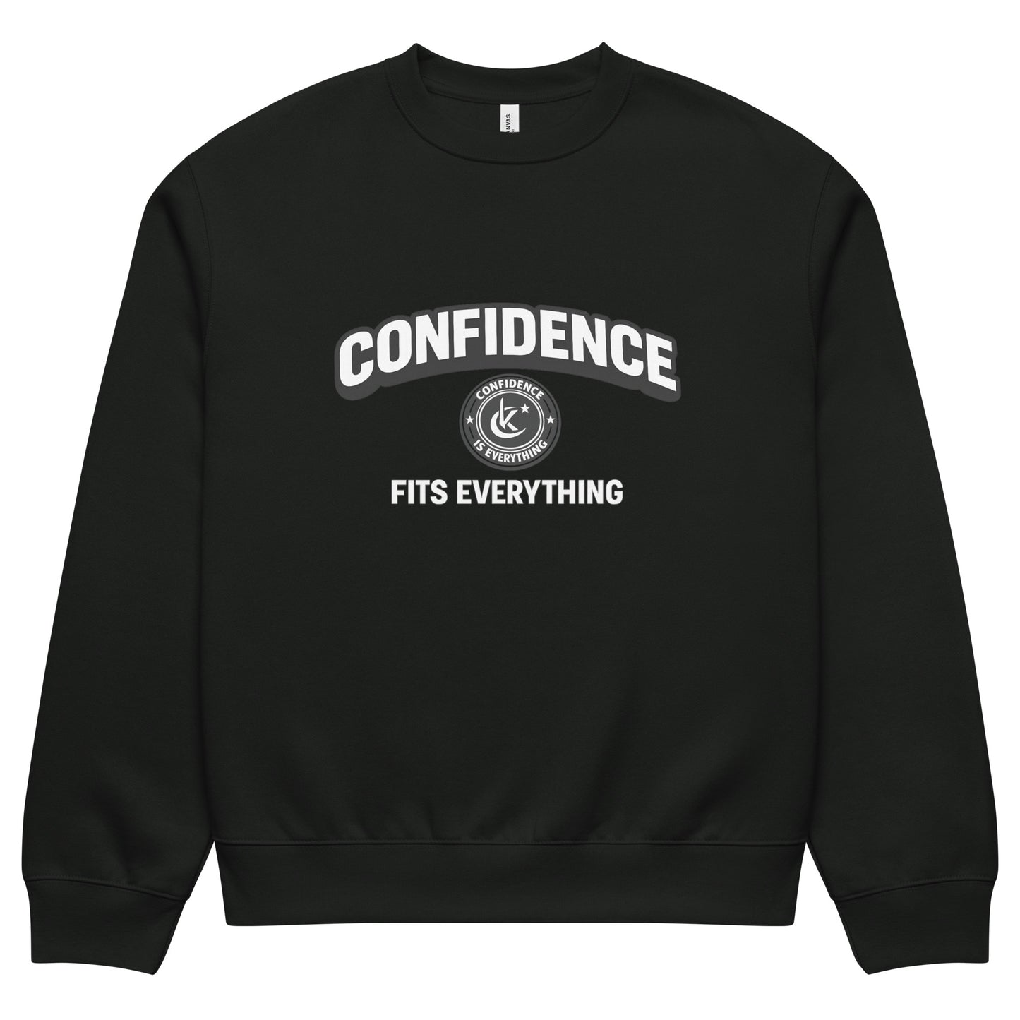 Vintage black unisex sweatshirt front view with confidence fits everything typography print