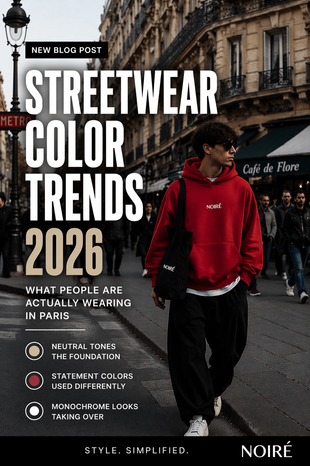 man walking on paris street wearing oversized red hoodie noiré streetwear outfit urban streetwear fashion