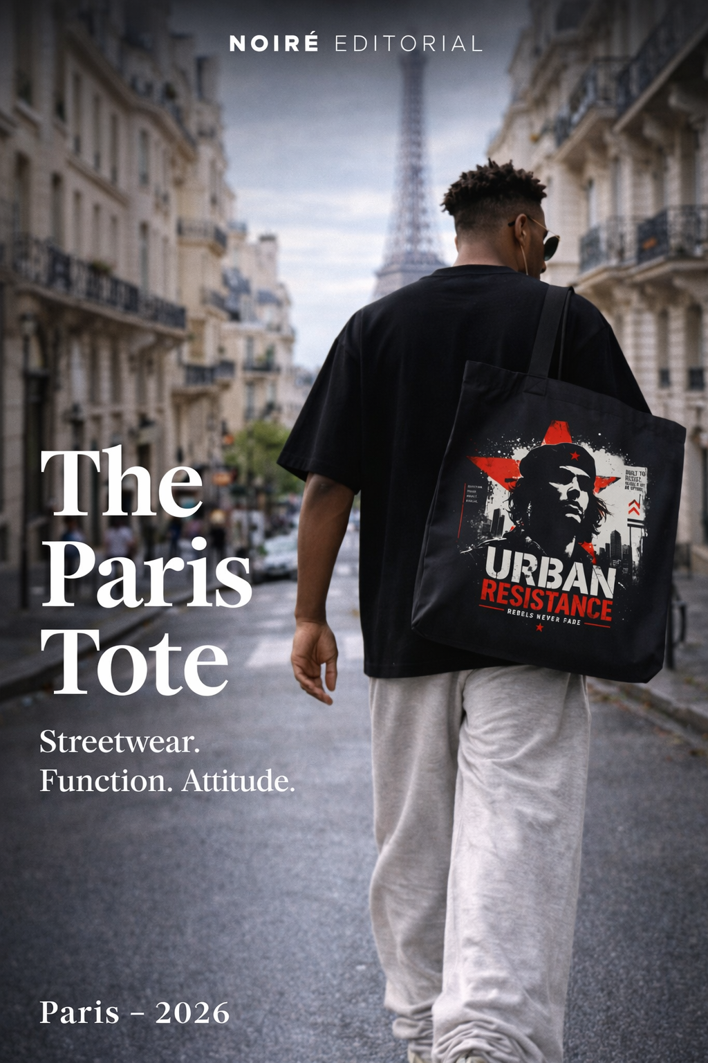 model walking in Paris carrying tote bag wearing oversized streetwear outfit urban fashion style