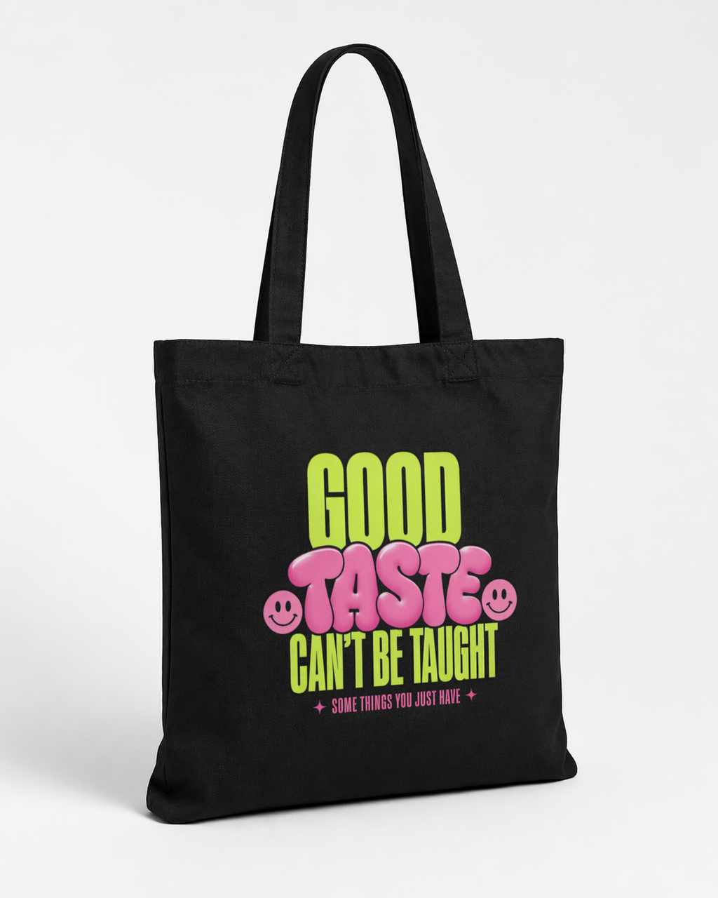 product angled view black tote bag good taste attitude design graphic streetwear