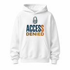 flat lay front view oversized white graphic hoodie with access denied typography print minimalist streetwear mockup