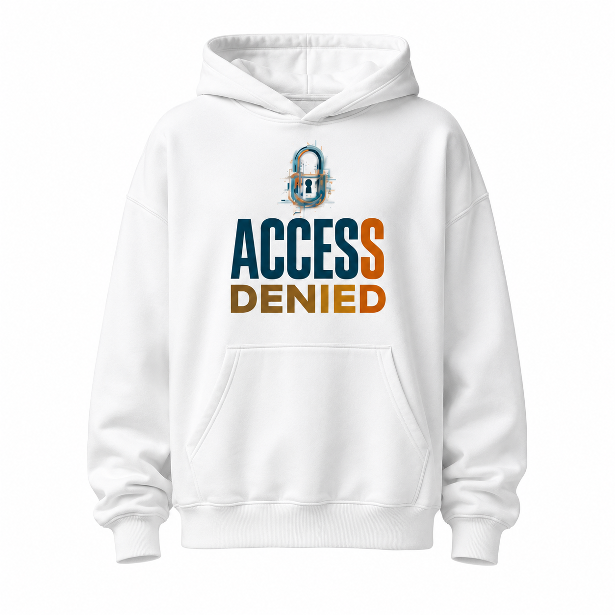 flat lay front view oversized white graphic hoodie with access denied typography print minimalist streetwear mockup
