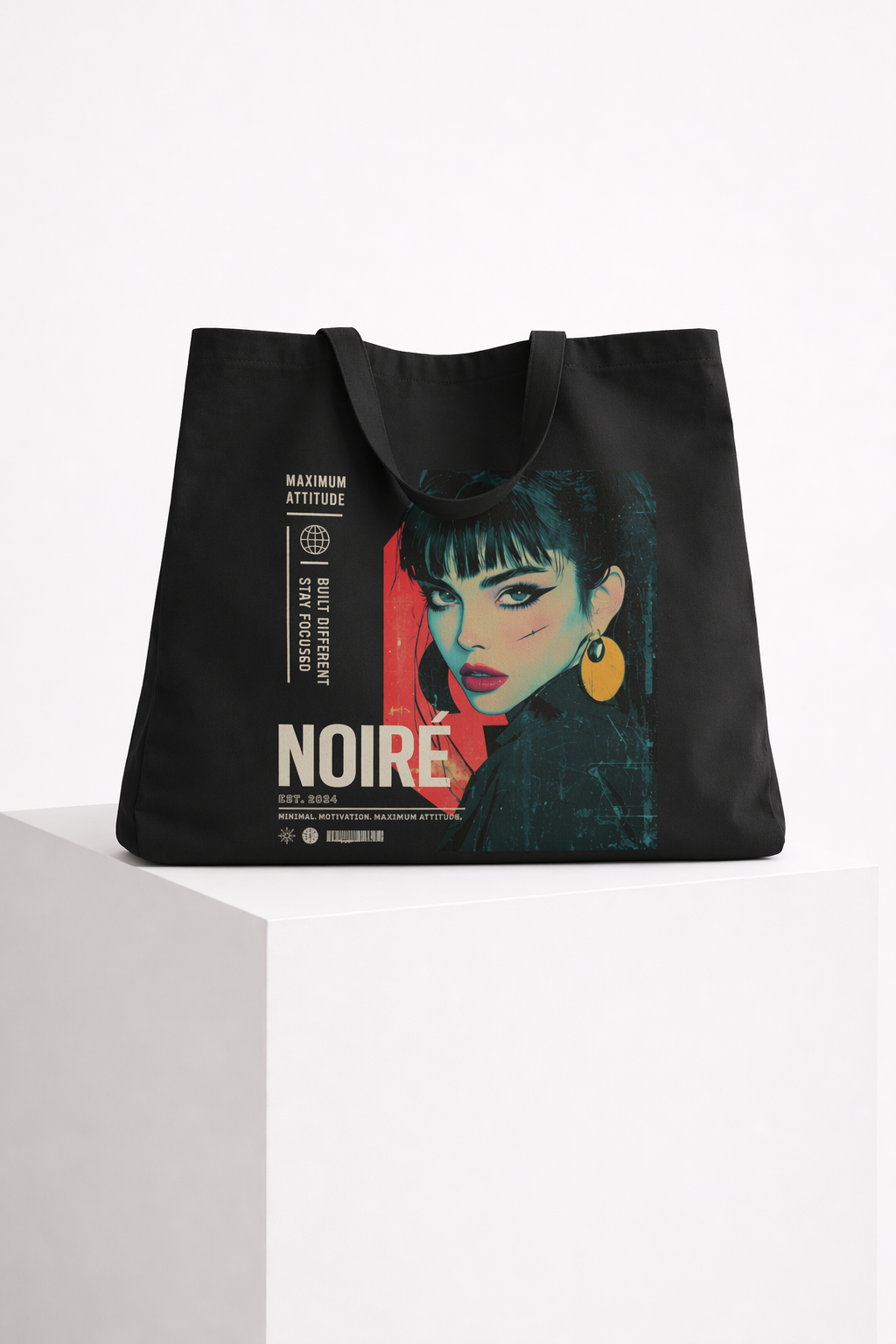 product flat front view black tote bag anime noiré design graphic streetwear