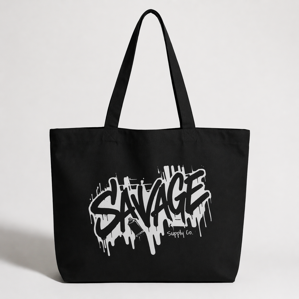 product front view black tote bag savage graffiti typography graphic streetwear