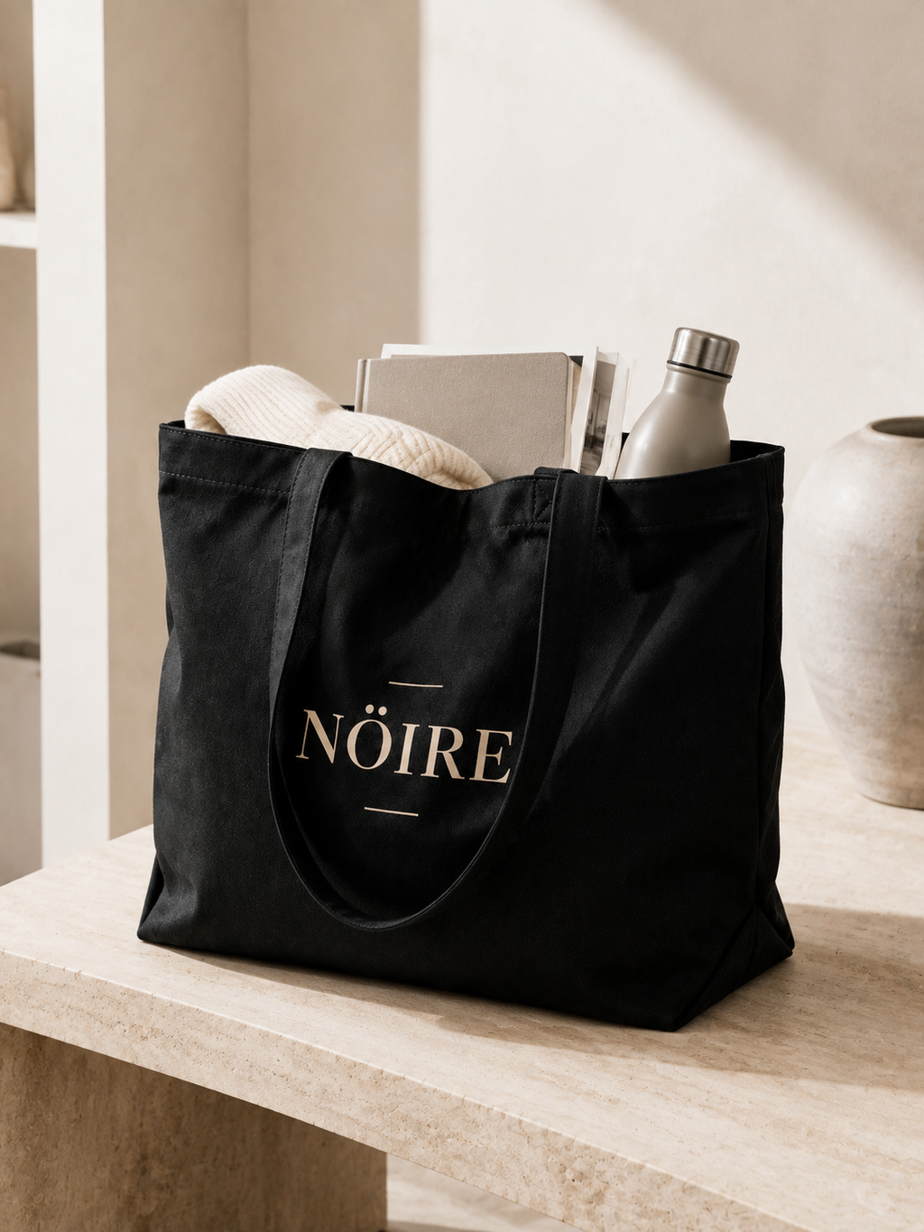 Black Nöiré tote bag with items inside, lifestyle product view