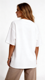 female model back view wearing oversized white streetwear t shirt blank back minimal urban streetwear clothing