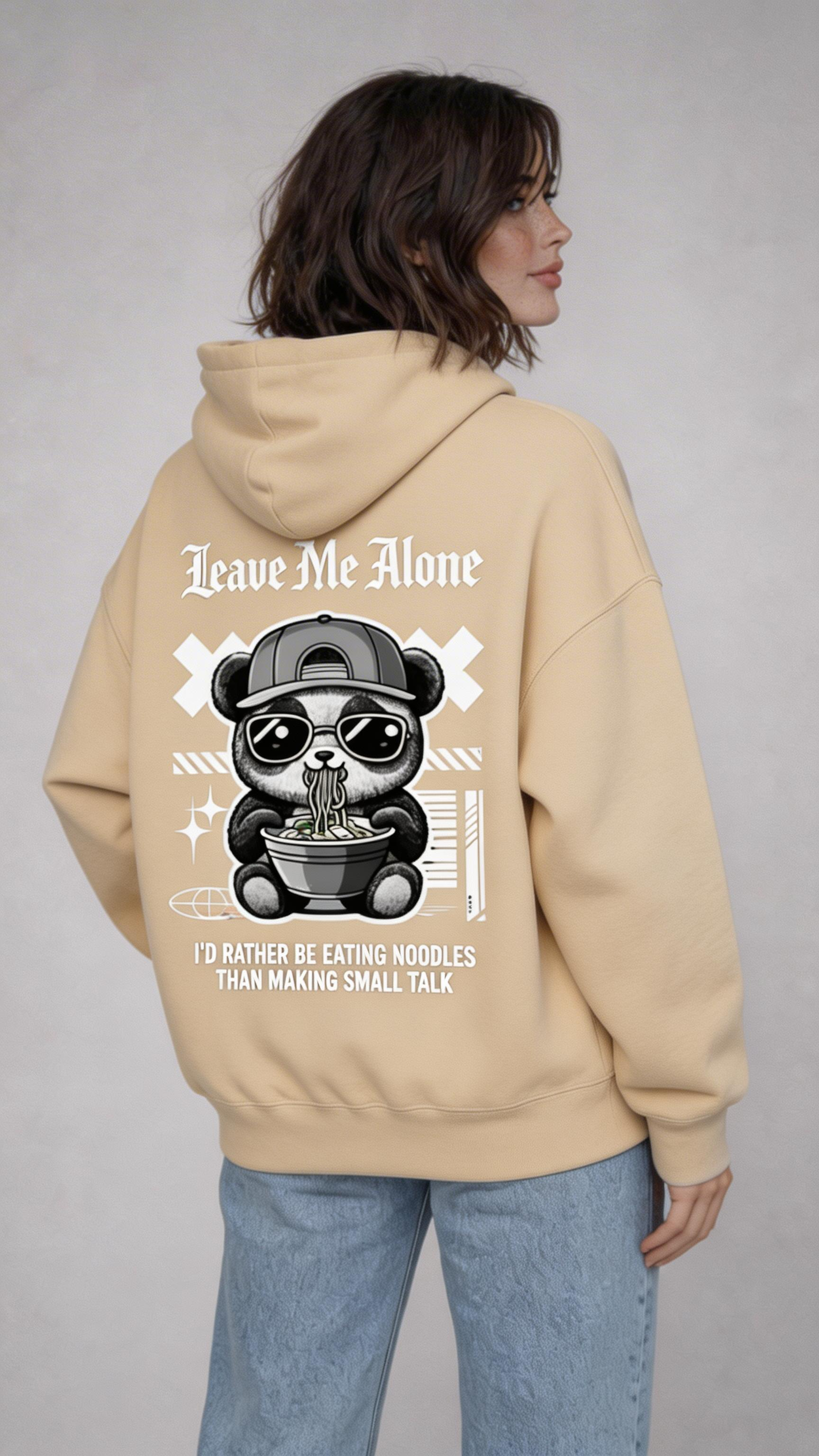 female model back pose wearing oversized beige graphic streetwear hoodie gothic teddy bear illustration urban streetwear clothing