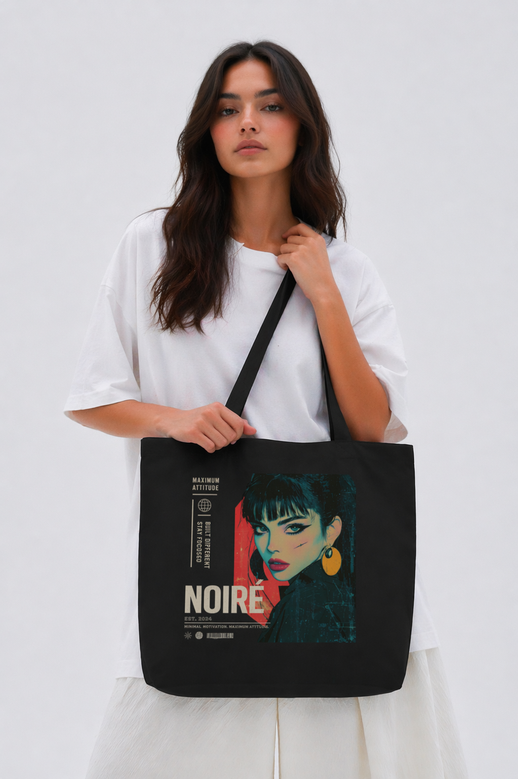 model standing front view wearing oversized black tote bag anime noiré design graphic streetwear