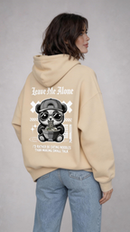 female model back view wearing oversized beige graphic streetwear hoodie gothic teddy bear street art design streetwear fashion