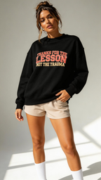 female model casual pose wearing oversized black graphic streetwear sweatshirt bold typography statement urban streetwear outfit