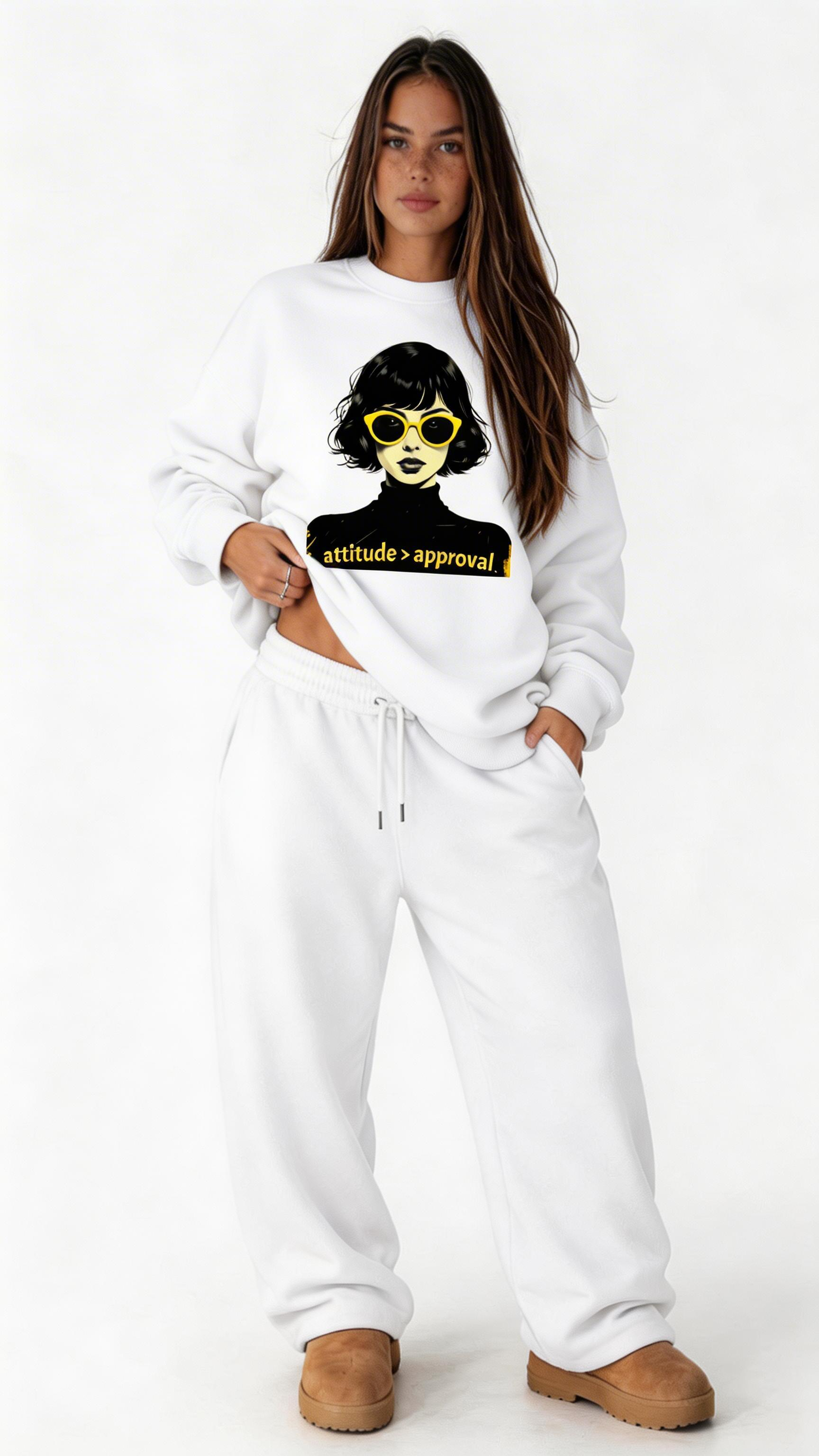 female model full body pose wearing oversized white graphic streetwear sweatshirt  girl graphic streetwear fashion
