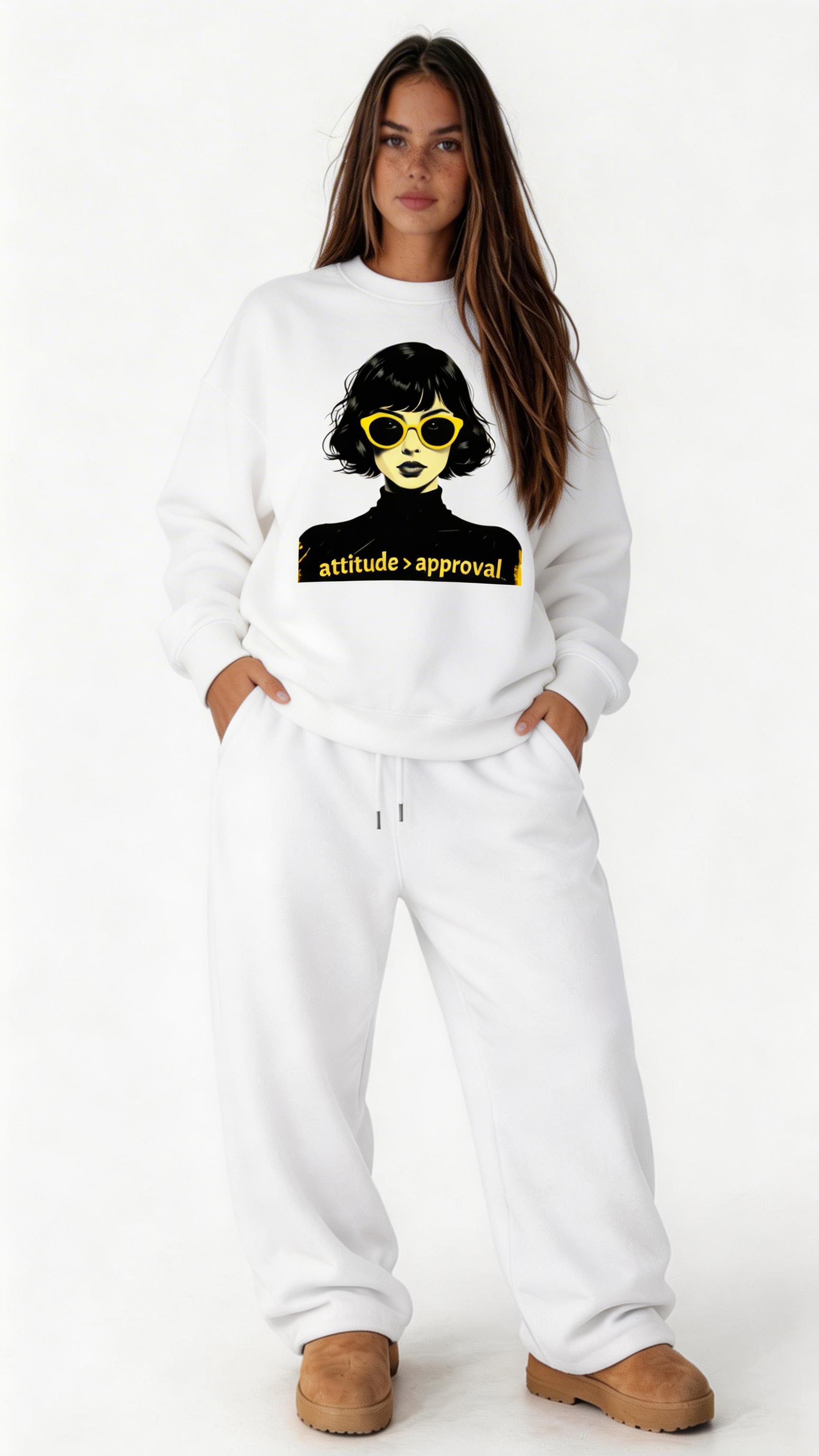 female model standing pose wearing oversized white graphic streetwear sweatshirt  girl street art design streetwear fashion