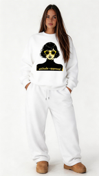 female model portrait pose wearing oversized white graphic streetwear sweatshirt  girl graphic design urban streetwear clothing