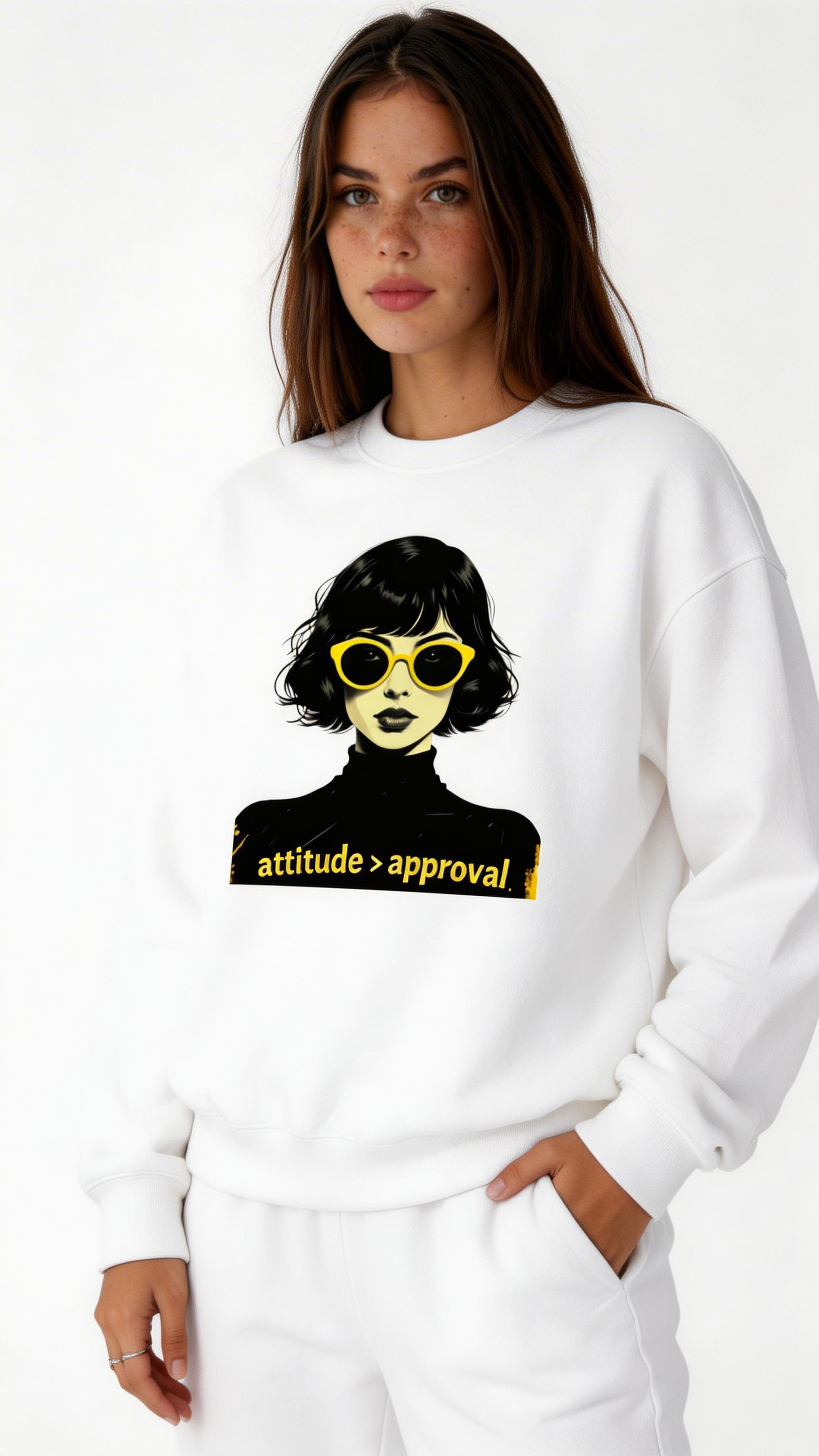 female model casual pose wearing oversized white graphic streetwear sweatshirt  girl graphic urban streetwear outfit