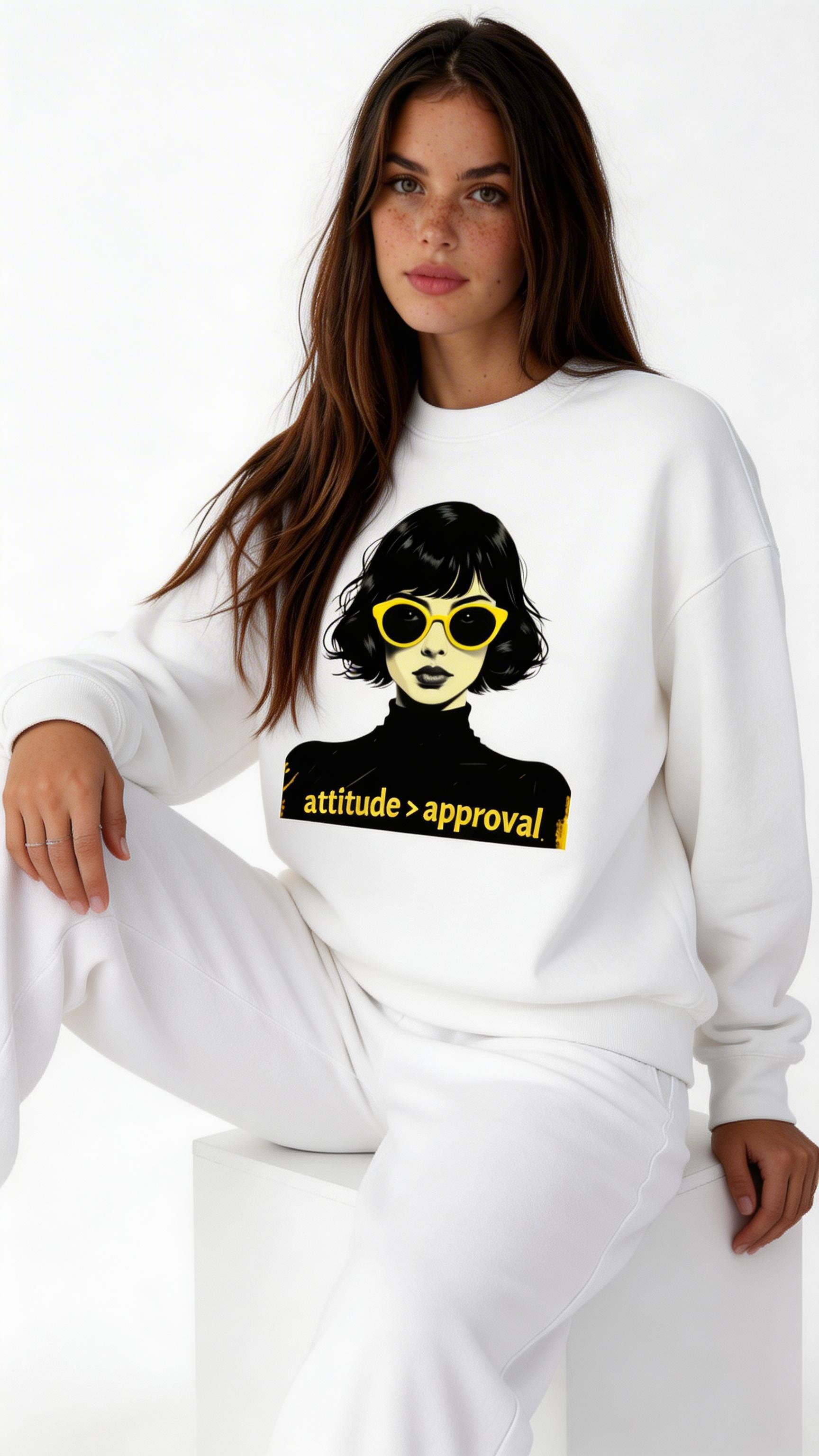 female model sitting pose wearing oversized white graphic streetwear sweatshirt  girl illustration urban streetwear clothing