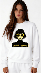 female model portrait pose wearing oversized white graphic streetwear sweatshirt  girl graphic design urban streetwear clothing