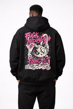 male model back view wearing oversized black graphic streetwear hoodie pink graffiti skull design urban streetwear outfit