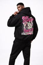 male model back pose wearing oversized black graphic streetwear hoodie pink graffiti skull graphic urban streetwear clothing