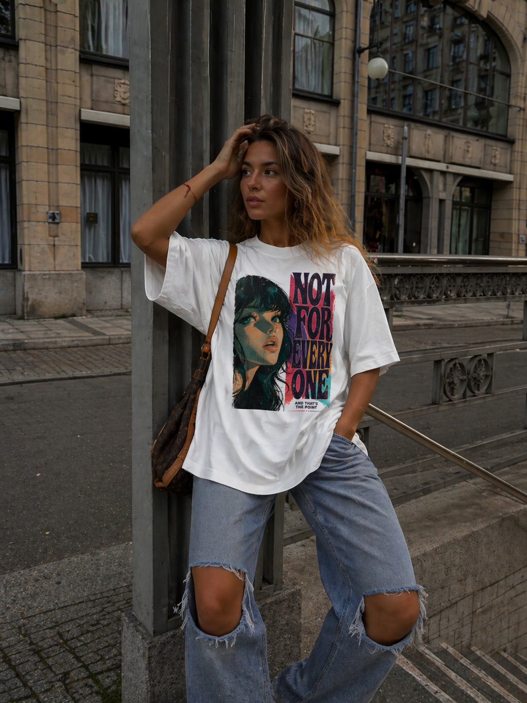 model leaning pose wearing oversized white graphic t-shirt not for everyone design urban streetwear outfit