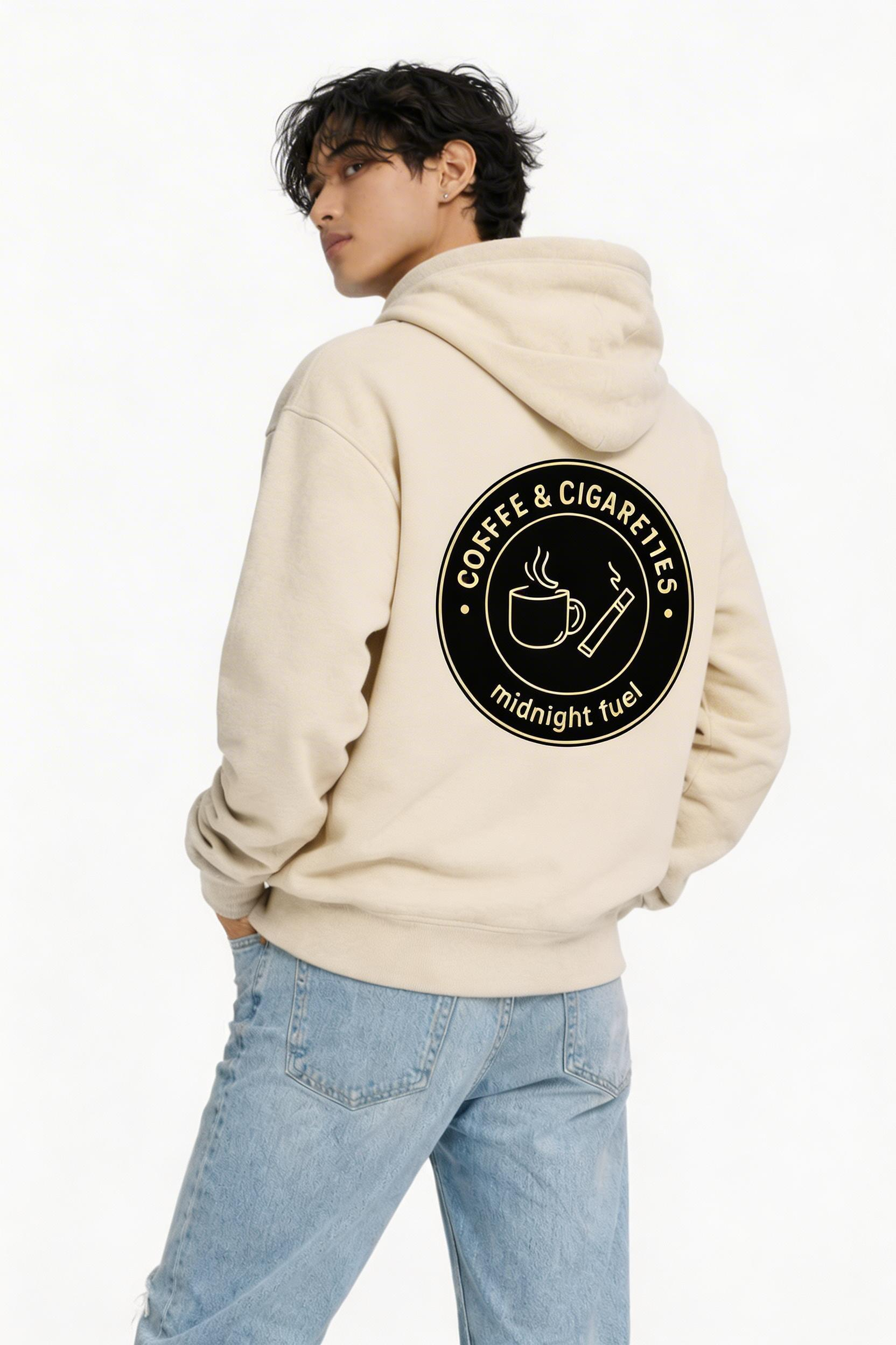 male model back view wearing oversized beige graphic streetwear hoodie circular logo design urban streetwear outfit