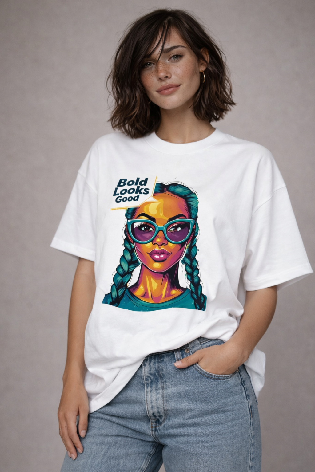 Woman wearing white oversized statement t-shirt with bold illustrated female artwork and “Bold Looks Good” text, styled with light blue jeans, contemporary women’s streetwear look.