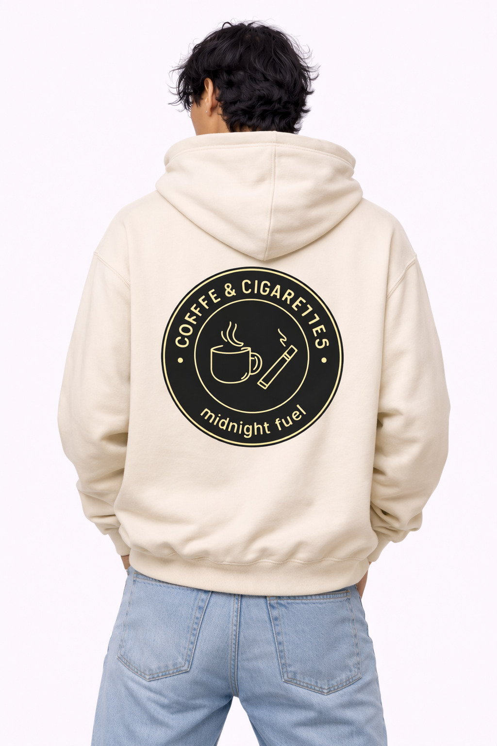 male model full back pose wearing oversized beige graphic streetwear hoodie noiré circular emblem design urban streetwear clothing