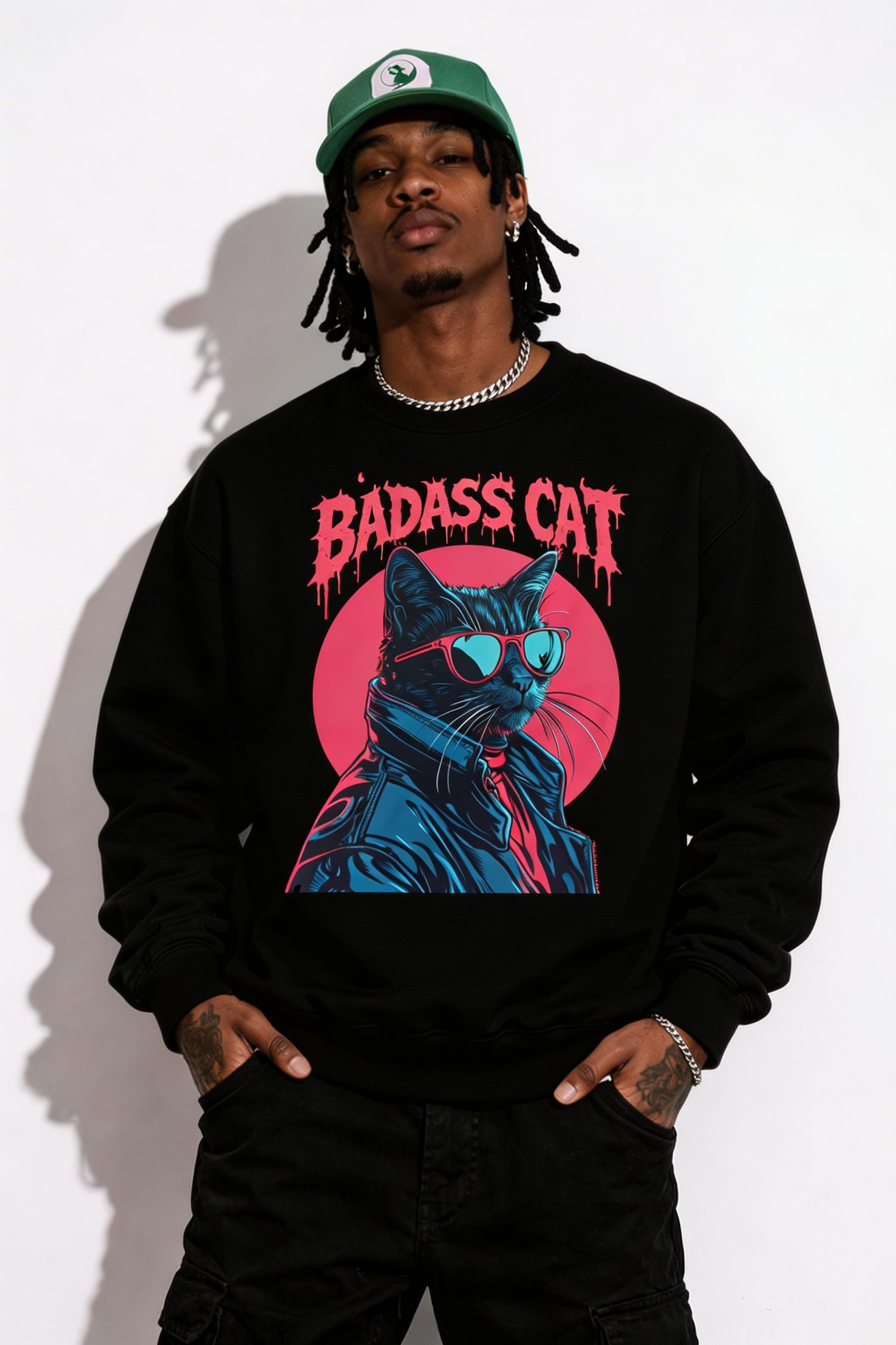 male model front pose wearing oversized black graphic streetwear sweatshirt badass cat illustration design urban streetwear outfit