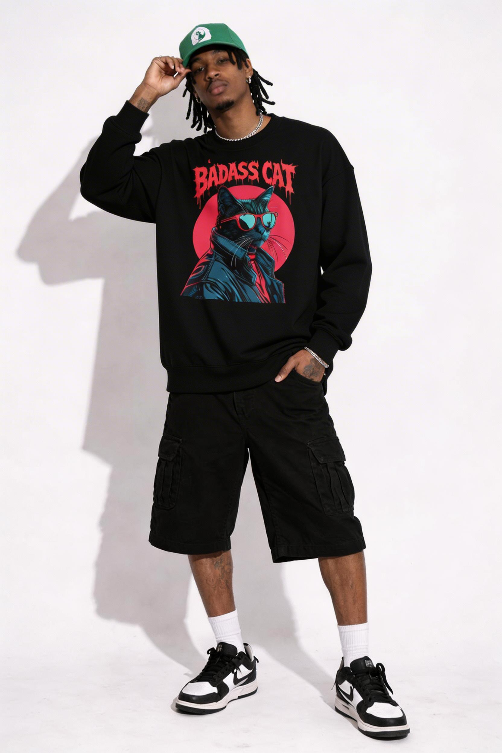male model standing pose wearing oversized black graphic streetwear sweatshirt badass cat graphic design streetwear fashion