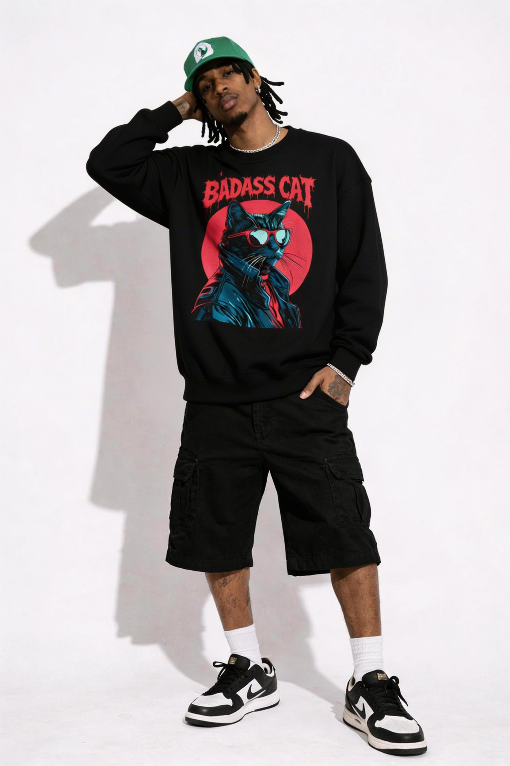 male model full body pose wearing oversized black graphic streetwear sweatshirt badass cat graphic streetwear fashion