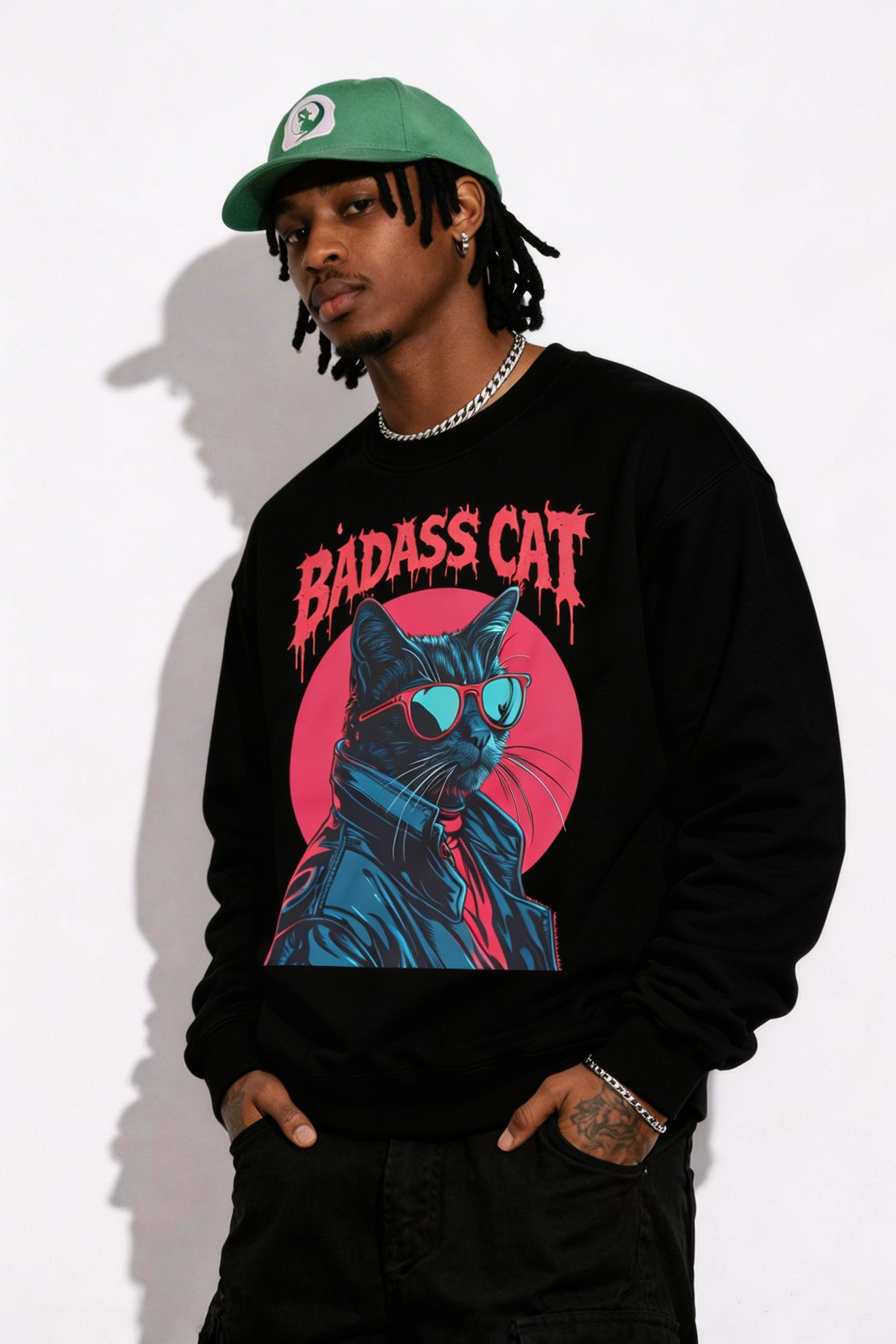 male model mid pose wearing oversized black graphic streetwear sweatshirt badass cat illustration urban streetwear clothing