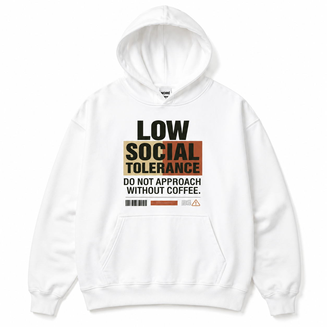 white heavyweight hoodie with typography statement print premium urban streetwear apparel mockup front angle