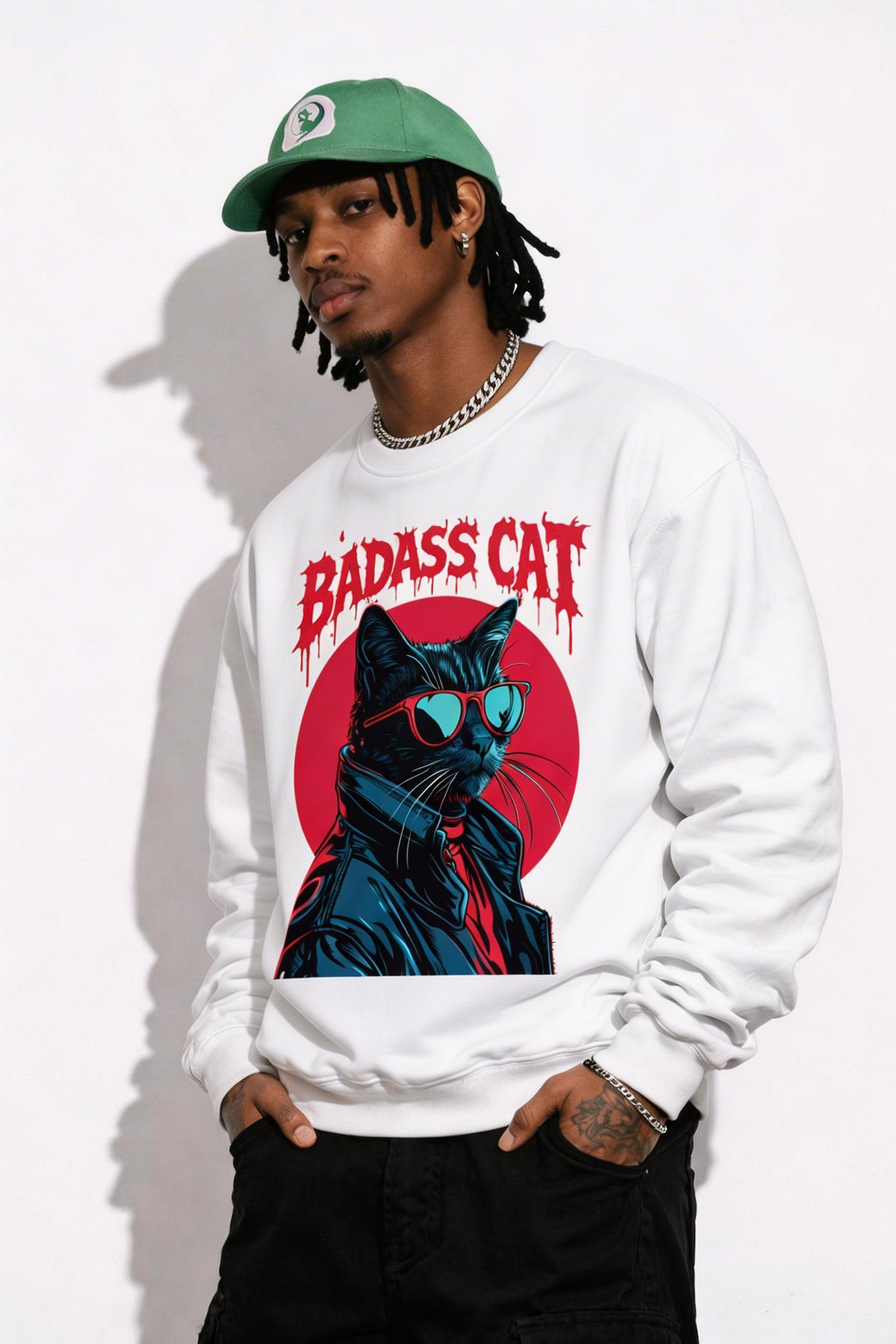 male model side pose wearing oversized white graphic streetwear sweatshirt badass cat illustration streetwear outfit