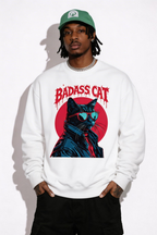 male model front pose wearing oversized white graphic streetwear sweatshirt badass cat design urban streetwear outfit