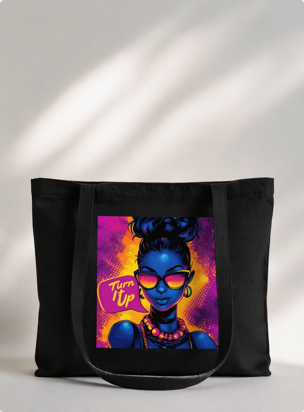product flat front view black tote bag neon pop art woman turn it up design graphic streetwear