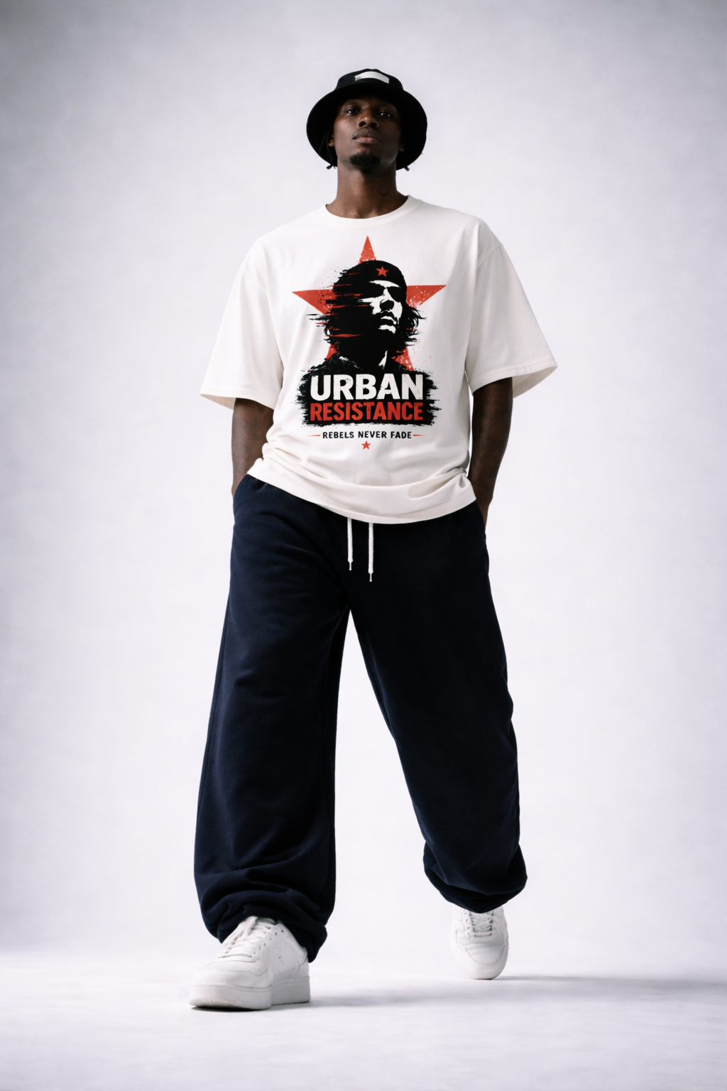 male model full body wearing oversized white graphic t-shirt urban artwork streetwear outfit clean studio