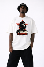male model front view wearing oversized white graphic t-shirt urban resistance design streetwear outfit
