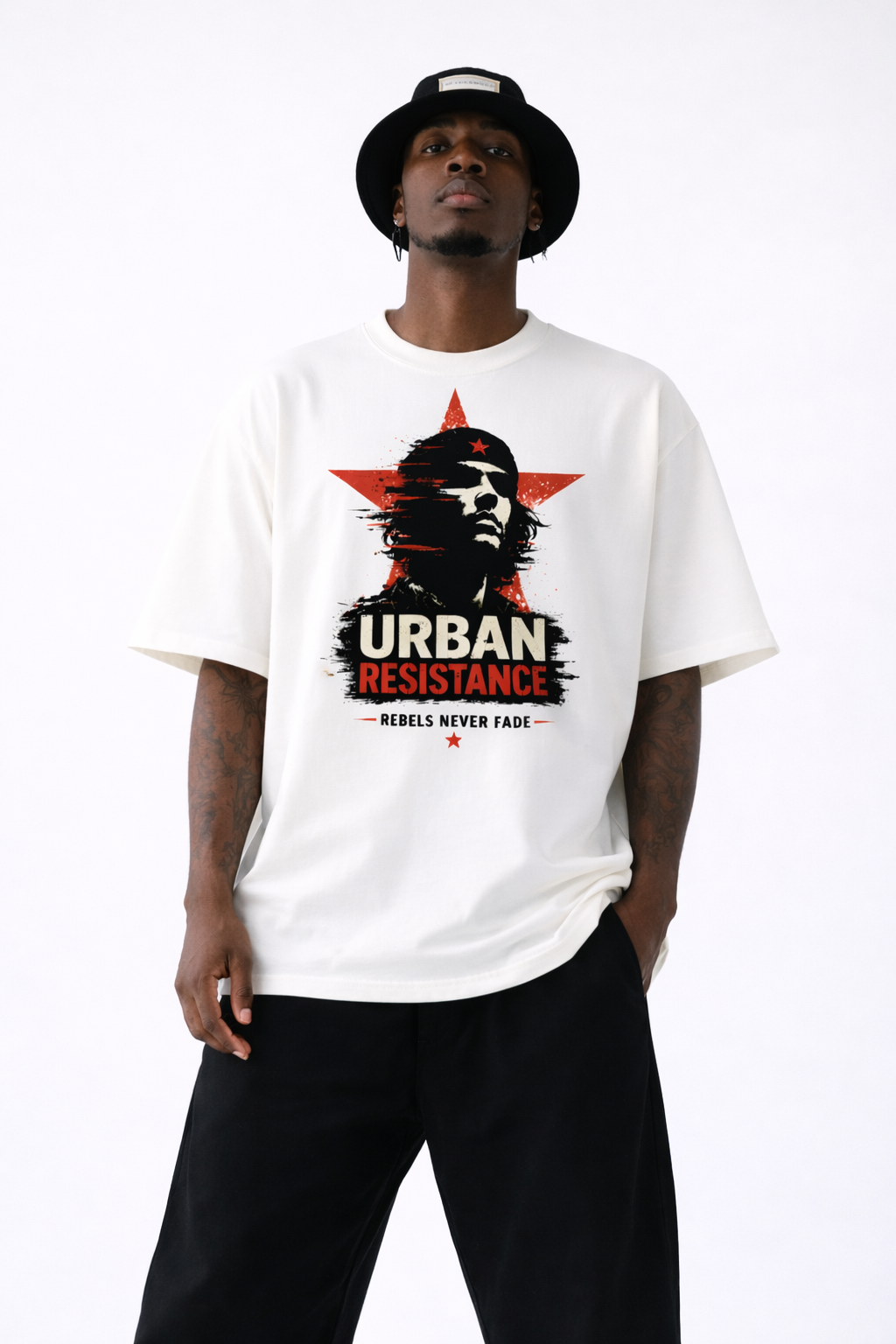 male model front view wearing oversized white graphic t-shirt urban resistance design streetwear outfit
