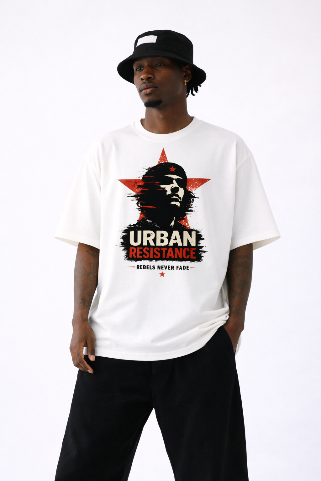 male model front view wearing oversized white graphic t-shirt urban resistance design streetwear outfit