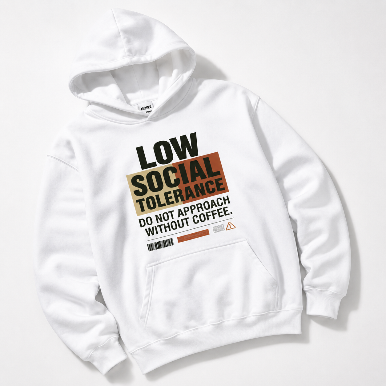 clean white oversized hoodie product mockup with modern coffee inspired typography graphic contemporary streetwear fashion