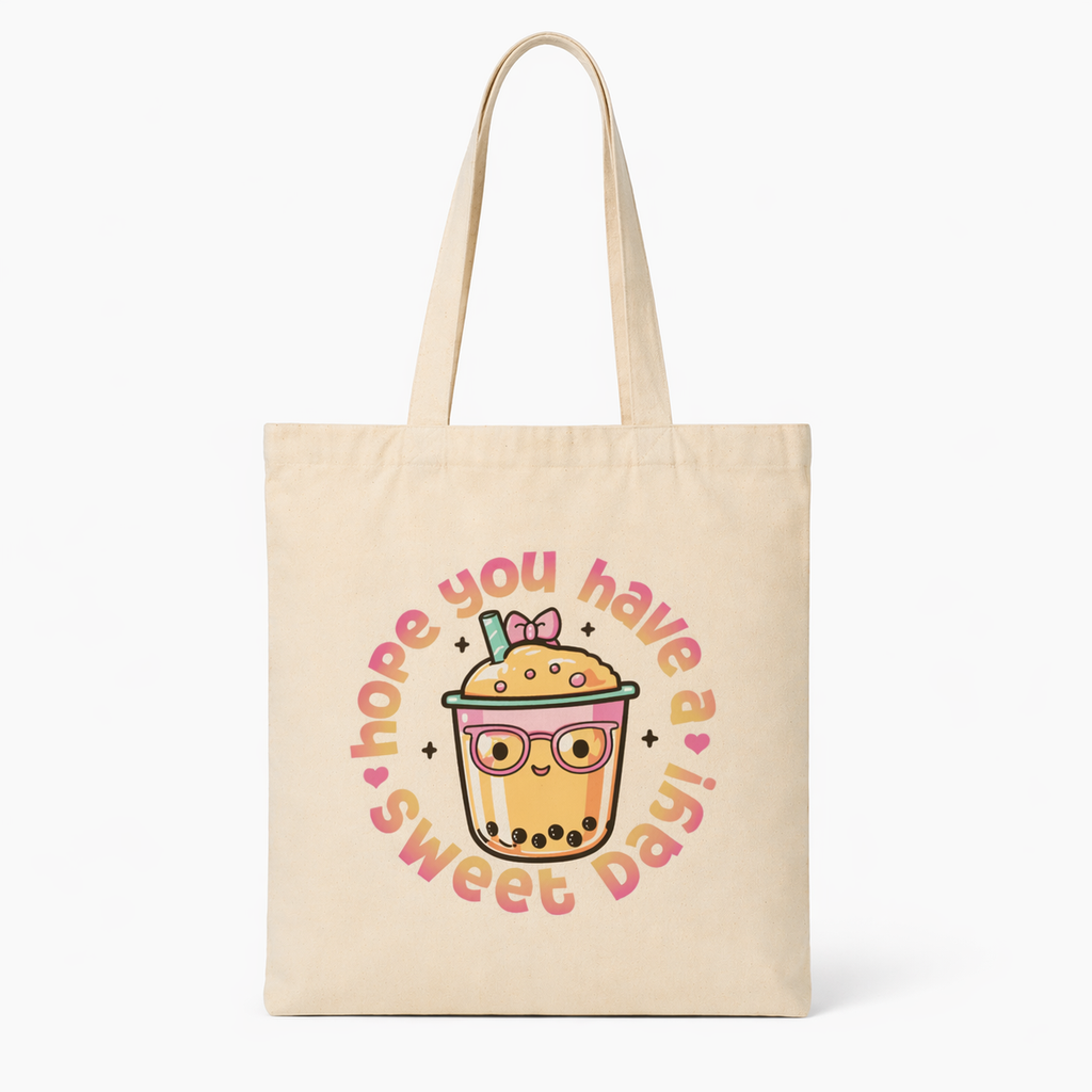 front view beige canvas tote bag bubble tea cute illustration centered print clean minimal product shot