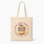 front view beige canvas tote bag bubble tea cute illustration centered print clean minimal product shot