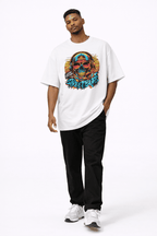 male model full body pose wearing oversized white graphic t shirt neon skull graffiti design streetwear fashion