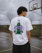 male model back view wearing oversized white graphic t shirt nineties culture retro bottle design urban streetwear outfit